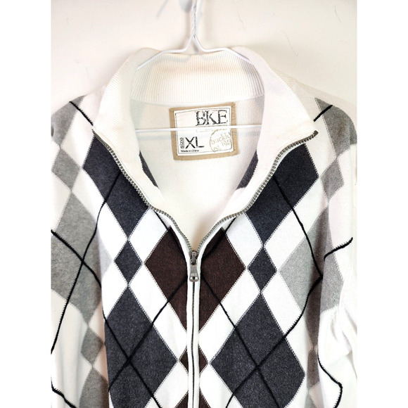 BKE Sweater Mens Size XL White Gray Argyle Athletic Fit Long Sleeve Full Zip - Picture 2 of 12